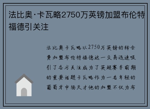 法比奥·卡瓦略2750万英镑加盟布伦特福德引关注